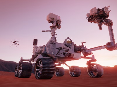 Mars Rover Perseverance and Ingenuity drone exploring the red planet. Some elements of this image fu...