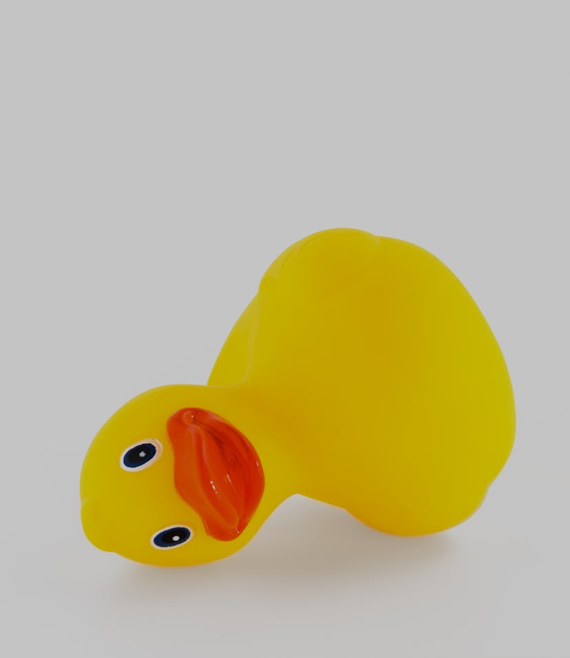A fallen ducky, isolated on white background with copy space.