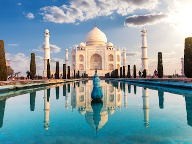 Taj Mahal and its reflection, famous view of India, Agra