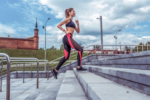 Sports girl runs in summer in city. Sportswear Leggings Top. Cloud stair background. Motivation for ...