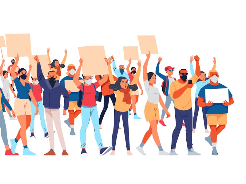 Crowds of people at a demonstration for human rights. Angry men and women protest, holding placards....