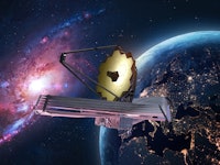 JWST in space near Earth. James Webb telescope far galaxies and planets explore. Sci-fi space collag...