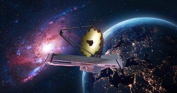 JWST in space near Earth. James Webb telescope far galaxies and planets explore. Sci-fi space collag...