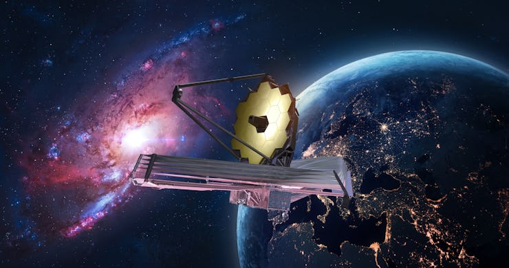 JWST in space near Earth. James Webb telescope far galaxies and planets explore. Sci-fi space collag...