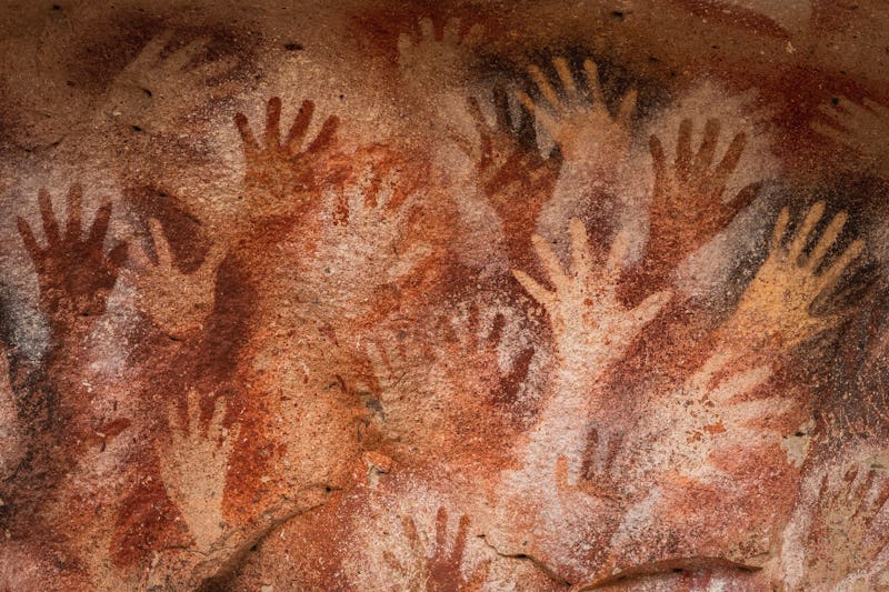 Prehistoric hand paintings at the Cave of Hands (Spanish: Cueva de Las Manos) in Santa Cruz Province...