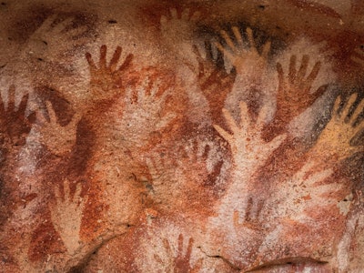 Prehistoric hand paintings at the Cave of Hands (Spanish: Cueva de Las Manos) in Santa Cruz Province...