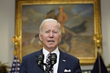 US President Joe Biden speaks in the Roosevelt Room of the White House in Washington, DC, USA, on 03...