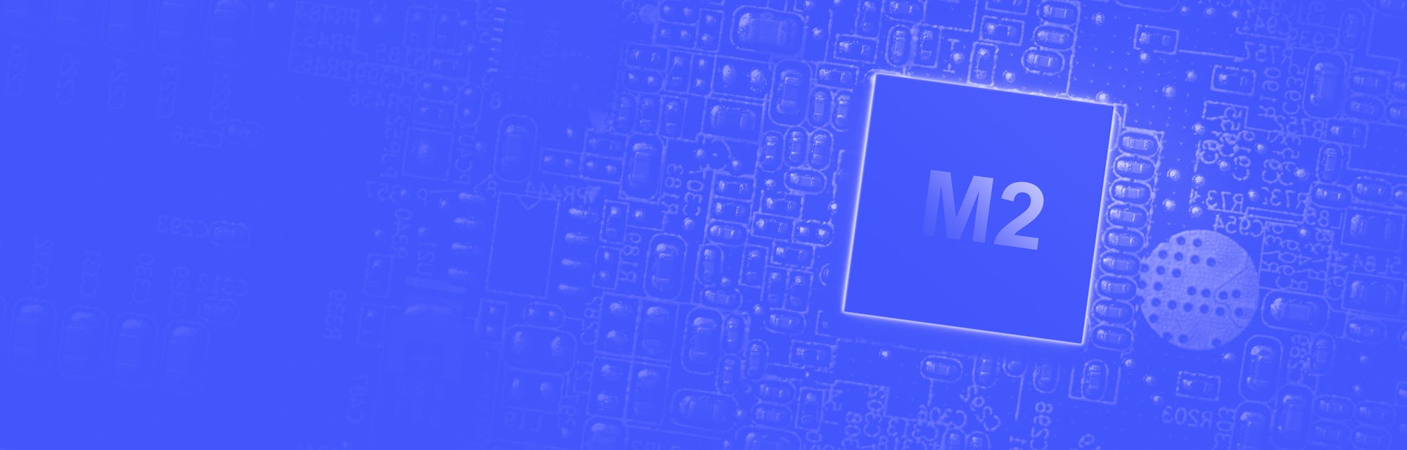 M2 processor chip. Network digital technology with computer cpu chip on dark motherboard background....