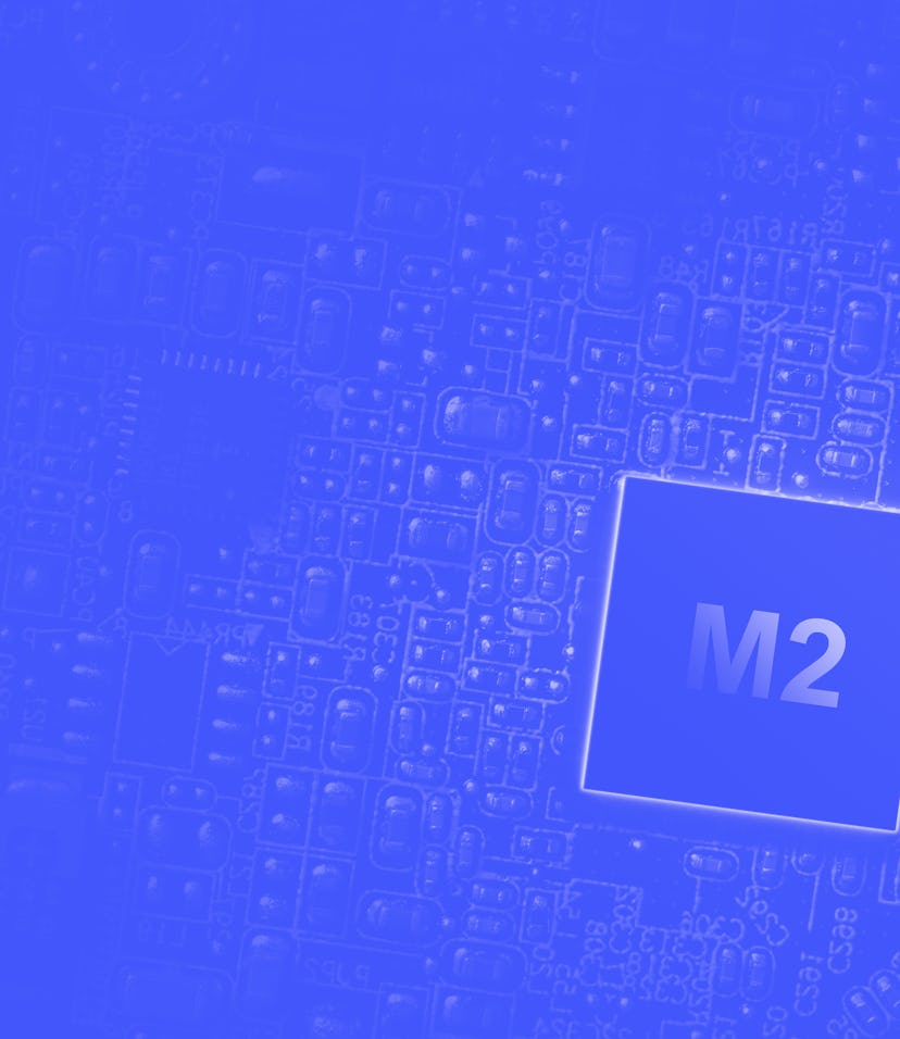 M2 processor chip. Network digital technology with computer cpu chip on dark motherboard background....