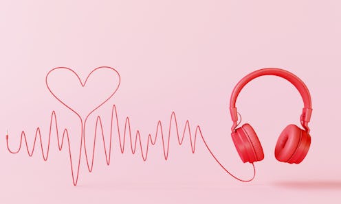 Red headphone with sound wave cable heart on pink background. Valentine love song concept. 3d render...