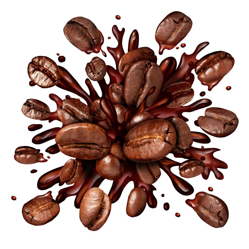 Coffee splash with coffee beans flying out as a dark roast brew with splashing fresh hot brewed liqu...
