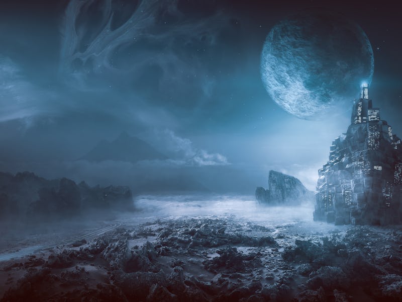 Futuristic night post apocalyptic scenario with abstract alien landscape and moonlight glow in neon ...