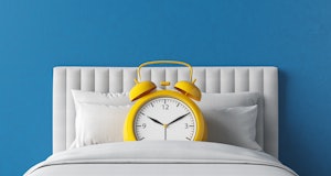 Bed alarm clock yellow bedroom time snooze function soft night morning day alert sleep mode sound. S...