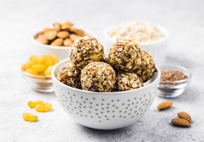 Raw dried fruit, oatmeal, nuts energy balls. 