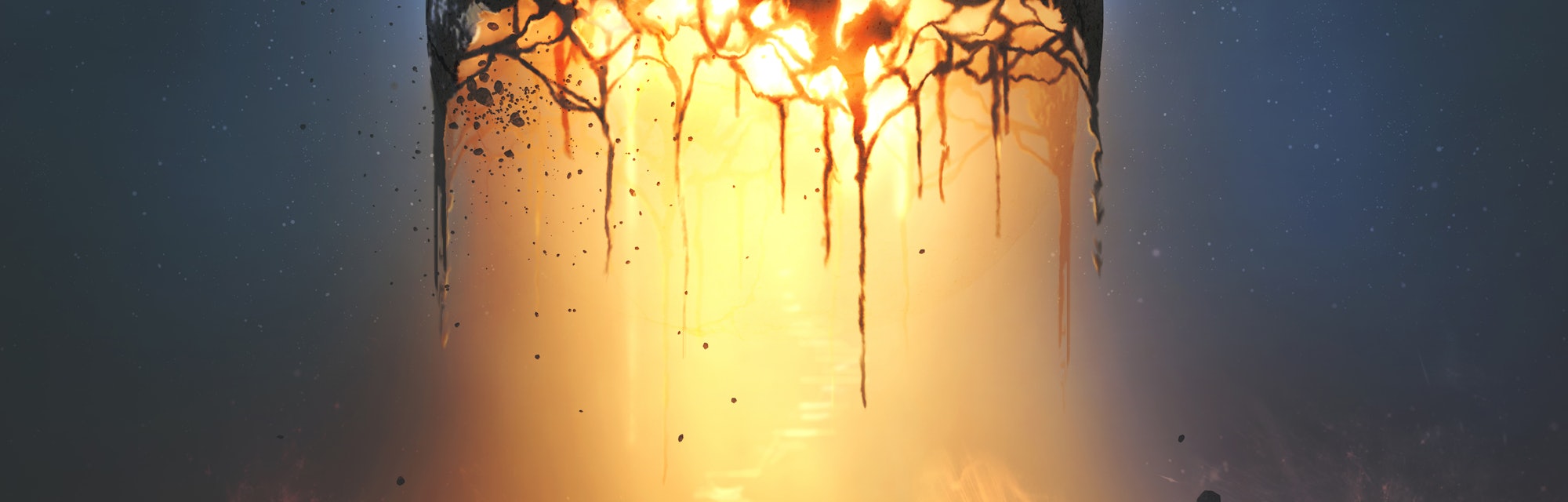 A surreal illustration of fire and lava pouring out from the earth. Digital Illustration. Elements p...