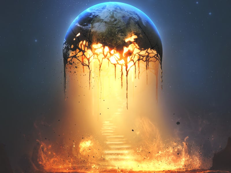 A surreal illustration of fire and lava pouring out from the earth. Digital Illustration. Elements p...