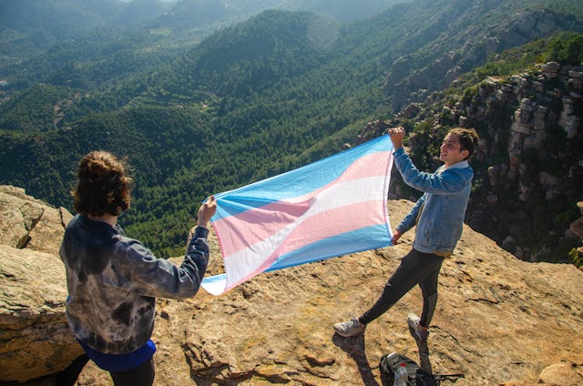 Two Transgender Activists Holding Trans Flag Blue and Pink at Mountain Cliff