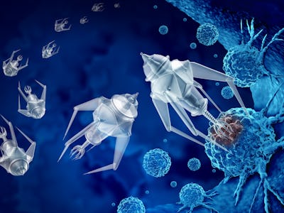 Nanotechnology medical treatment and future medicine concept as a group of microscopic nano robots o...