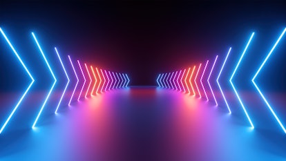 3d render, abstract geometric background with neon glowing arrows, forward direction concept