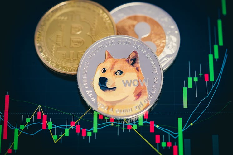 Blur Dogecoin cryptocurrency silver symbol and stock chart candlestick 