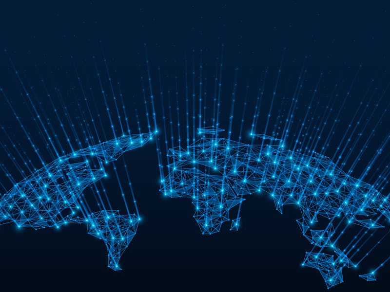World map. Communication technologies. Satellite communication. Polygonal model of earth's continent...