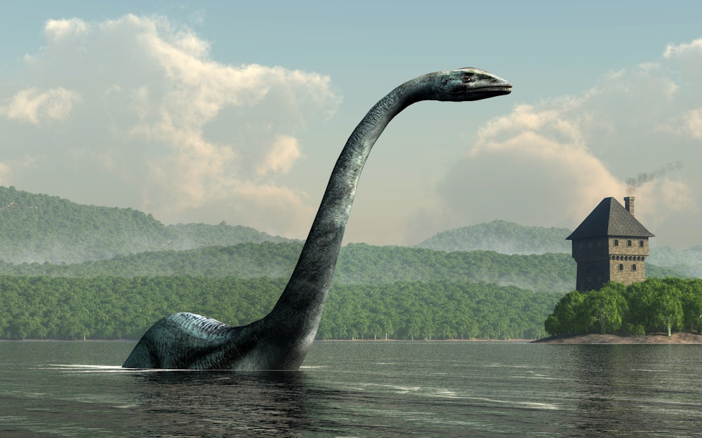 Nessie, the famed lake monster of Loch Ness in Scotland, rears out of the waters of the lake. A cast...