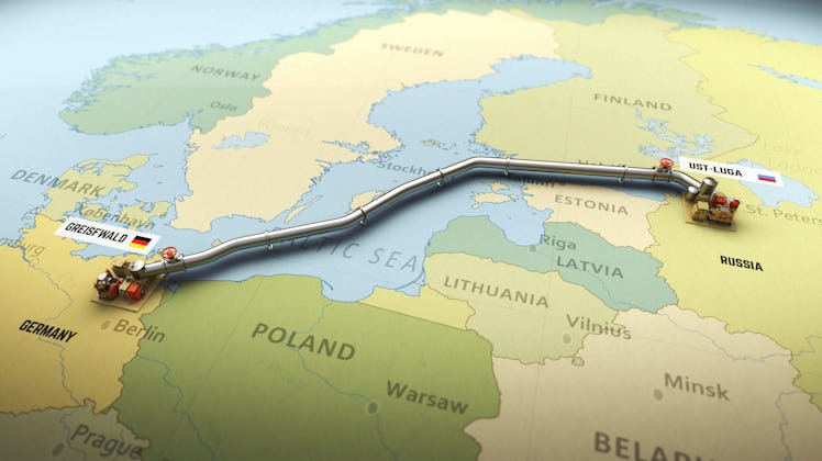 3D Render of Nord Stream 2 gas pipeline emerging on map of Europe connecting Russia and Germany thro...