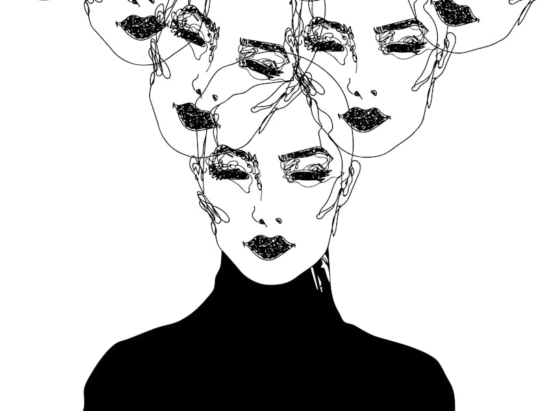 Creative isolated vector illustration, continuous scribble doodle line art of a beautiful woman, wit...