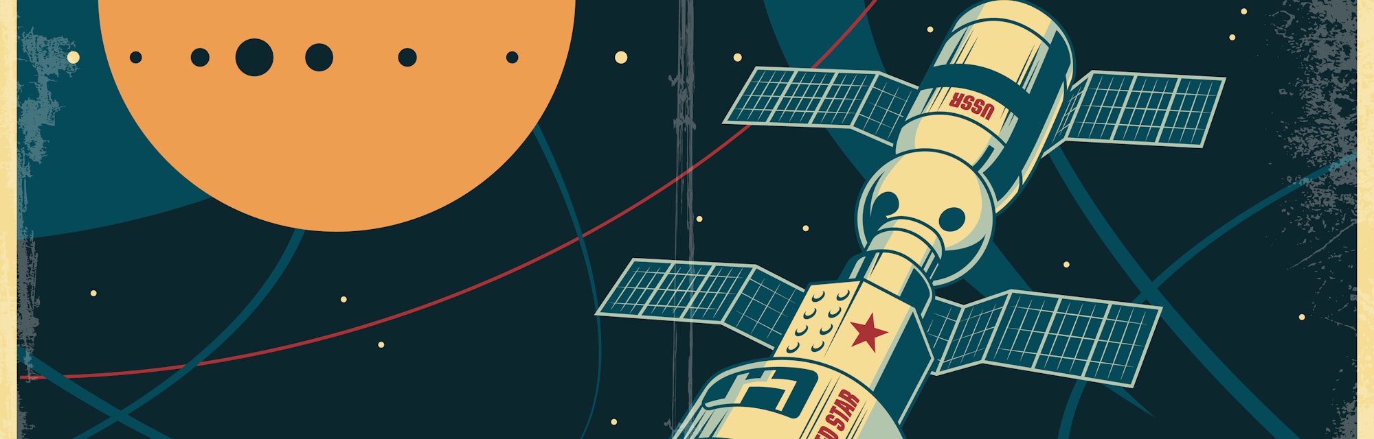Retro Soviet Space Propaganda Placard Style Illustration, Space Station, Outer Space Background