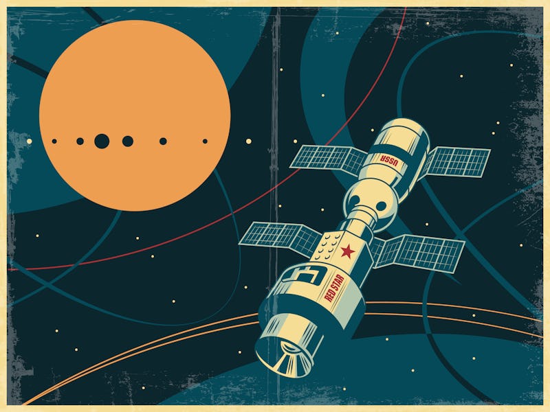 Retro Soviet Space Propaganda Placard Style Illustration, Space Station, Outer Space Background