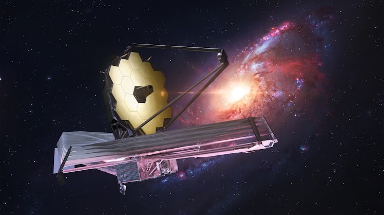 JWST in outer space. James Webb telescope far galaxy explore. Sci-fi space collage. Astronomy scienc...