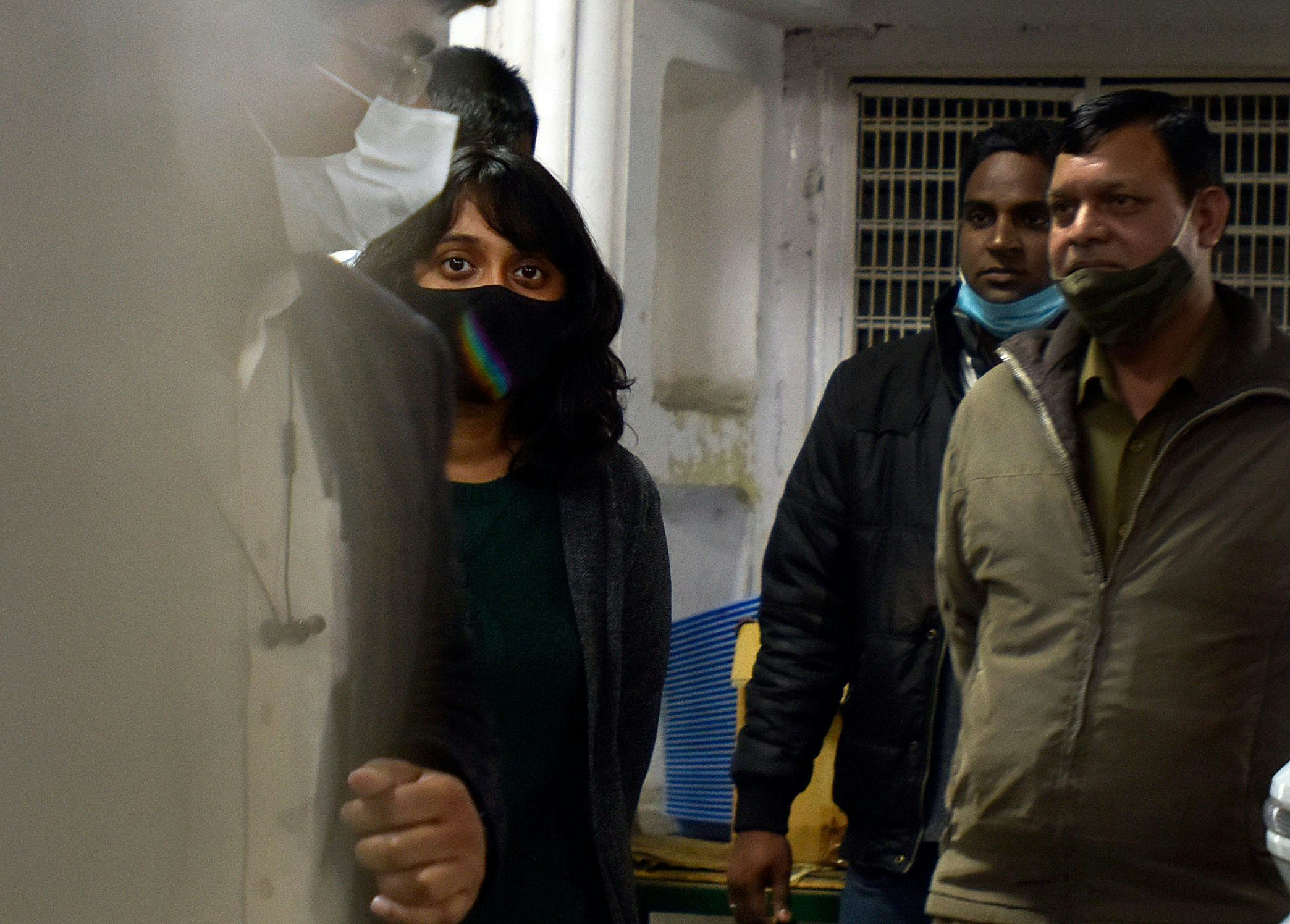Climate activist Disha Ravi during a hearing at Patiala House Court where she was granted bail in th...