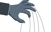 Manipulation concept. Manipulator's hand with ropes in gray. Abuse of power. Vector illustration fla...