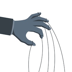 Manipulation concept. Manipulator's hand with ropes in gray. Abuse of power. Vector illustration fla...
