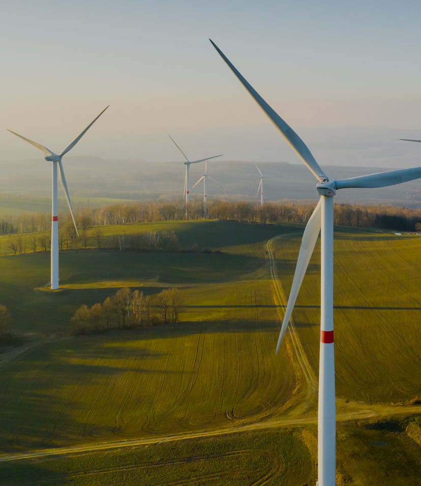 Panoramic view of wind farm or wind park, with high wind turbines for generation electricity with co...
