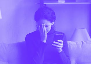 Bad news on screen. Confused frustrated young latin lady cover face with palm turn away from cell se...