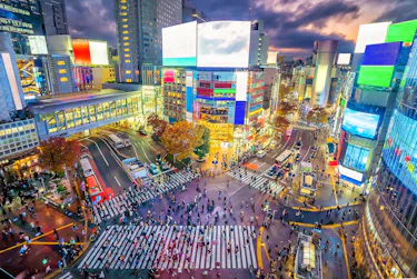 Shibuya Crossing at twilight in Tokyo, Japan from above