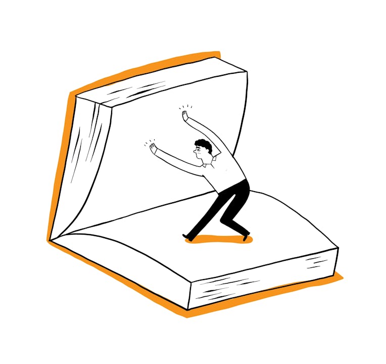 A man, a student or a businessman is flipping over a large book. Vector Illustration Hand drawing do...