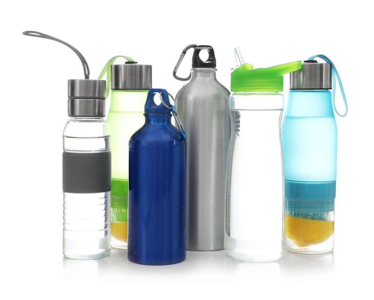 Different water bottles for sports on white background