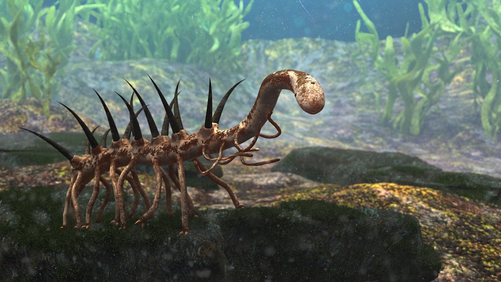 Hallucigenia, prehistoric aquatic animal from the Cambrian Period (3d paleoart rendering)