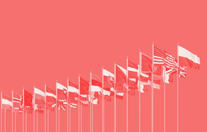 The 30 waving Flags of NATO Countries - North Atlantic Treaty. Isolated on sky background  - 3D illu...