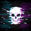 Human skull on glitching display backdrop. Danger glitch or computer program bug, hacker attack or c...