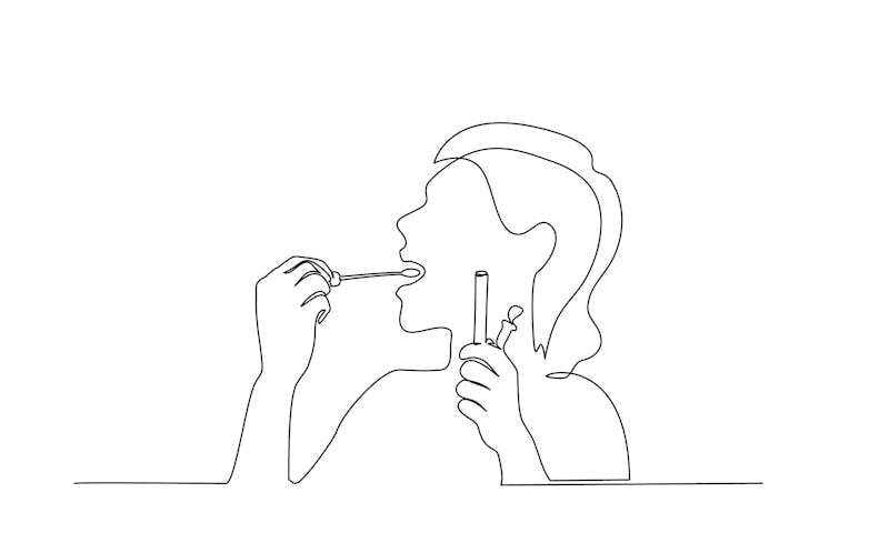 Continuous one line drawing. Woman taking smear for COVID-19 test herself. Vector illustration black...