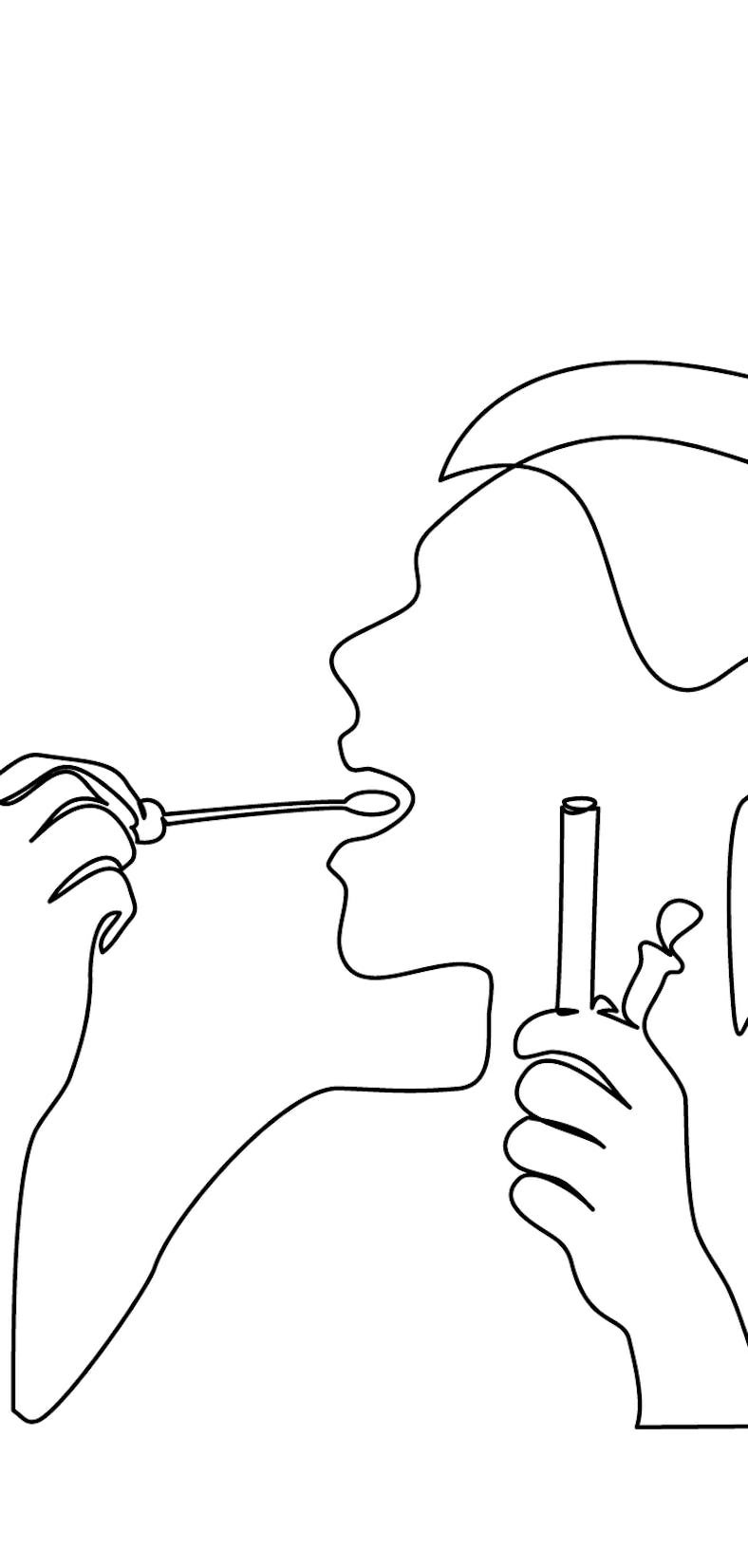 Continuous one line drawing. Woman taking smear for COVID-19 test herself. Vector illustration black...