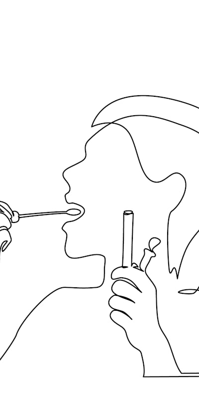 Continuous one line drawing. Woman taking smear for COVID-19 test herself. Vector illustration black...