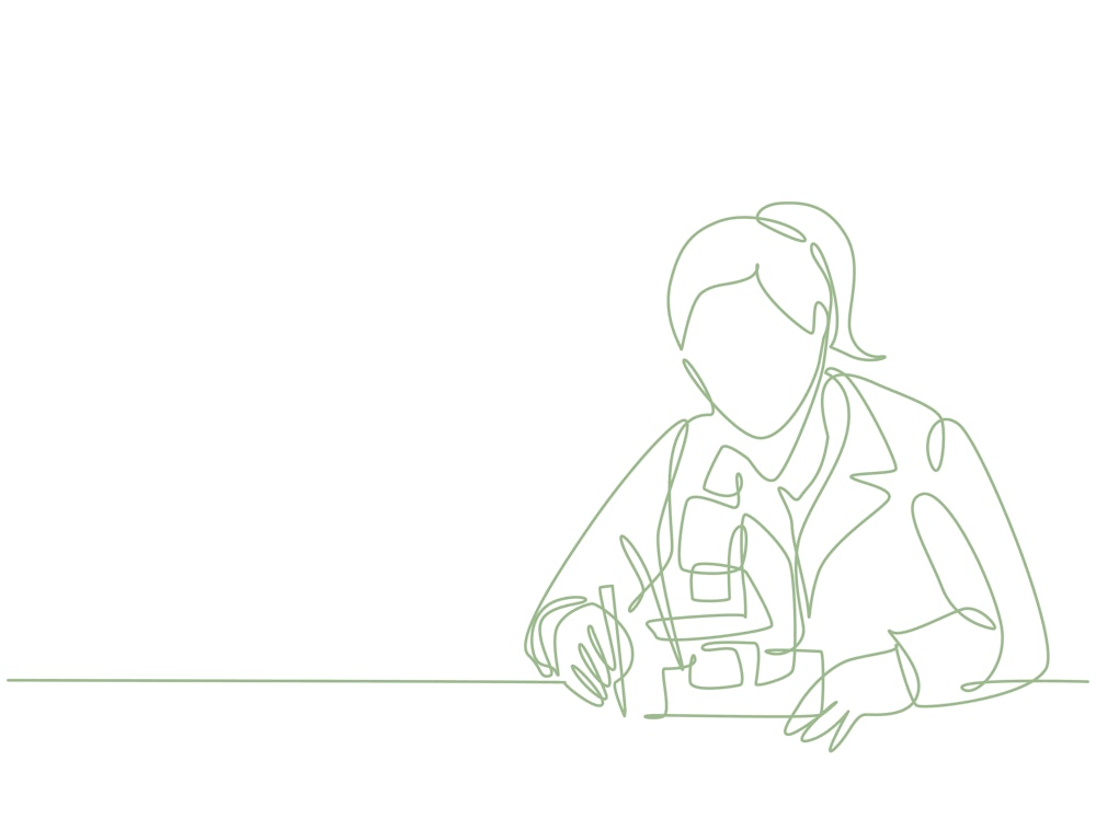 One continuous line drawing of young female scientist examine the virus that causes covid with labor...