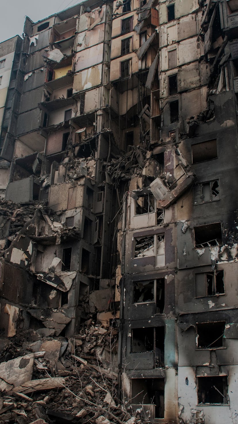 Destroyed residential building after shelling is seen in Eastern Ukrainian city of Kharkiv, Ukraine,...