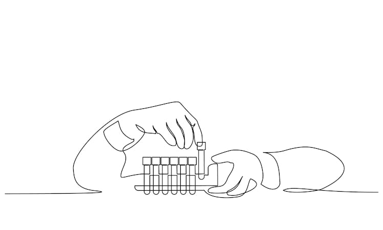 Medical staff analyze coronavirus tests. Medical test for COVID-19. Continuous one line drawing. Vec...