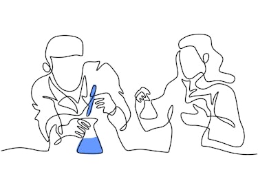 Continuous single line drawing of female and male scientist doing experiment in laboratory minimalis...