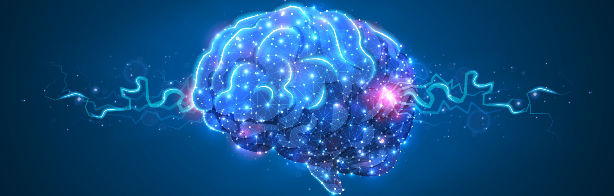 Human Brain. Organ anatomy, neurology, healthy body concept. Polygonal image on blue neon background...